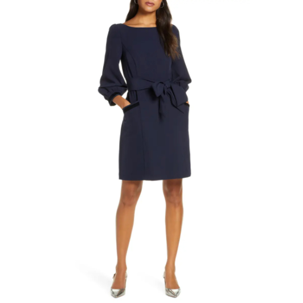 1901 Midi Velvet Trim Belted Balloon Sleeve Dress